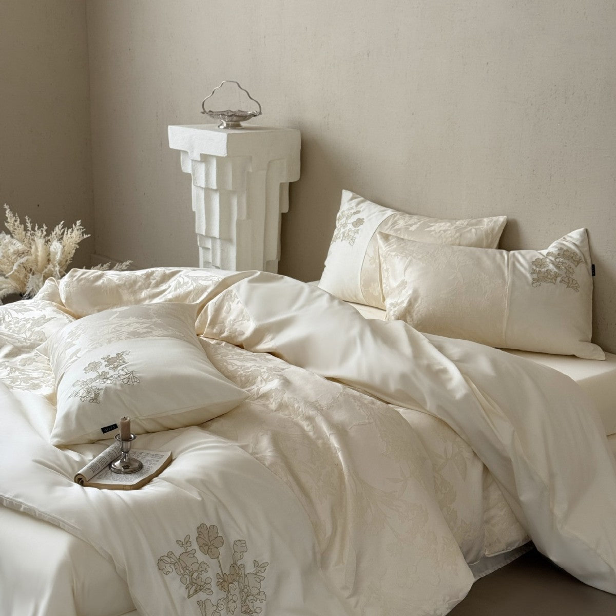 Silky Satin Bedding Set with Jacquard Relief, Floral Embroidery, and Ruffles