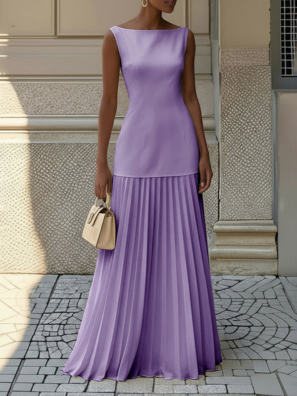 Sleeveless Boat Neck Pleated Maxi Evening Dress