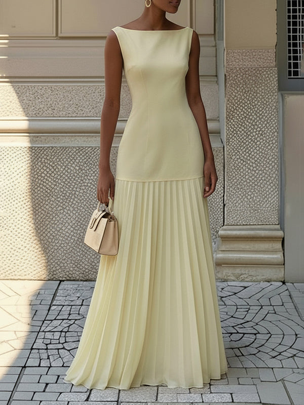 Sleeveless Boat Neck Pleated Maxi Evening Dress