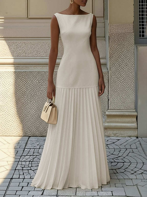 Sleeveless Boat Neck Pleated Maxi Evening Dress