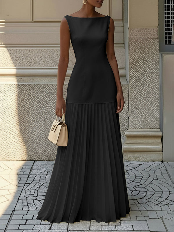 Sleeveless Boat Neck Pleated Maxi Evening Dress