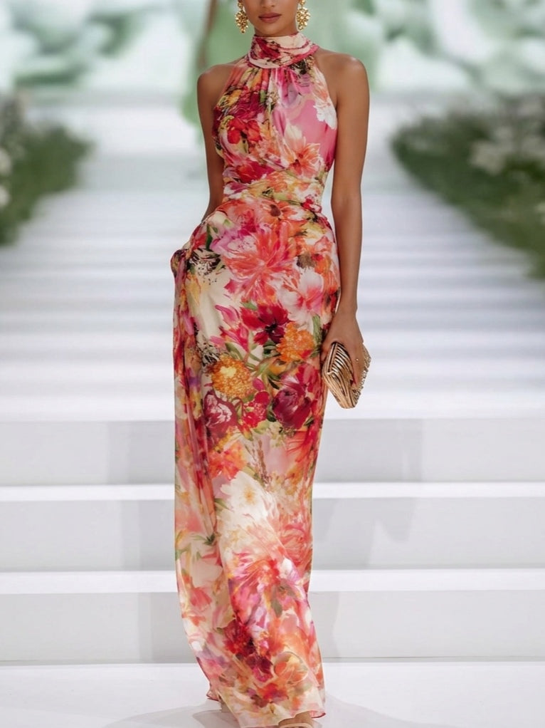 Sleeveless Floral Halter-Neck Wedding Guest Maxi Dress