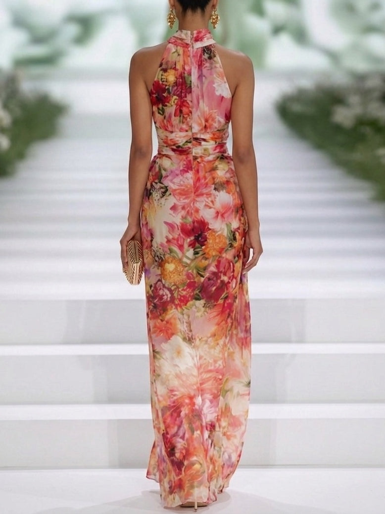 Sleeveless Floral Halter-Neck Wedding Guest Maxi Dress