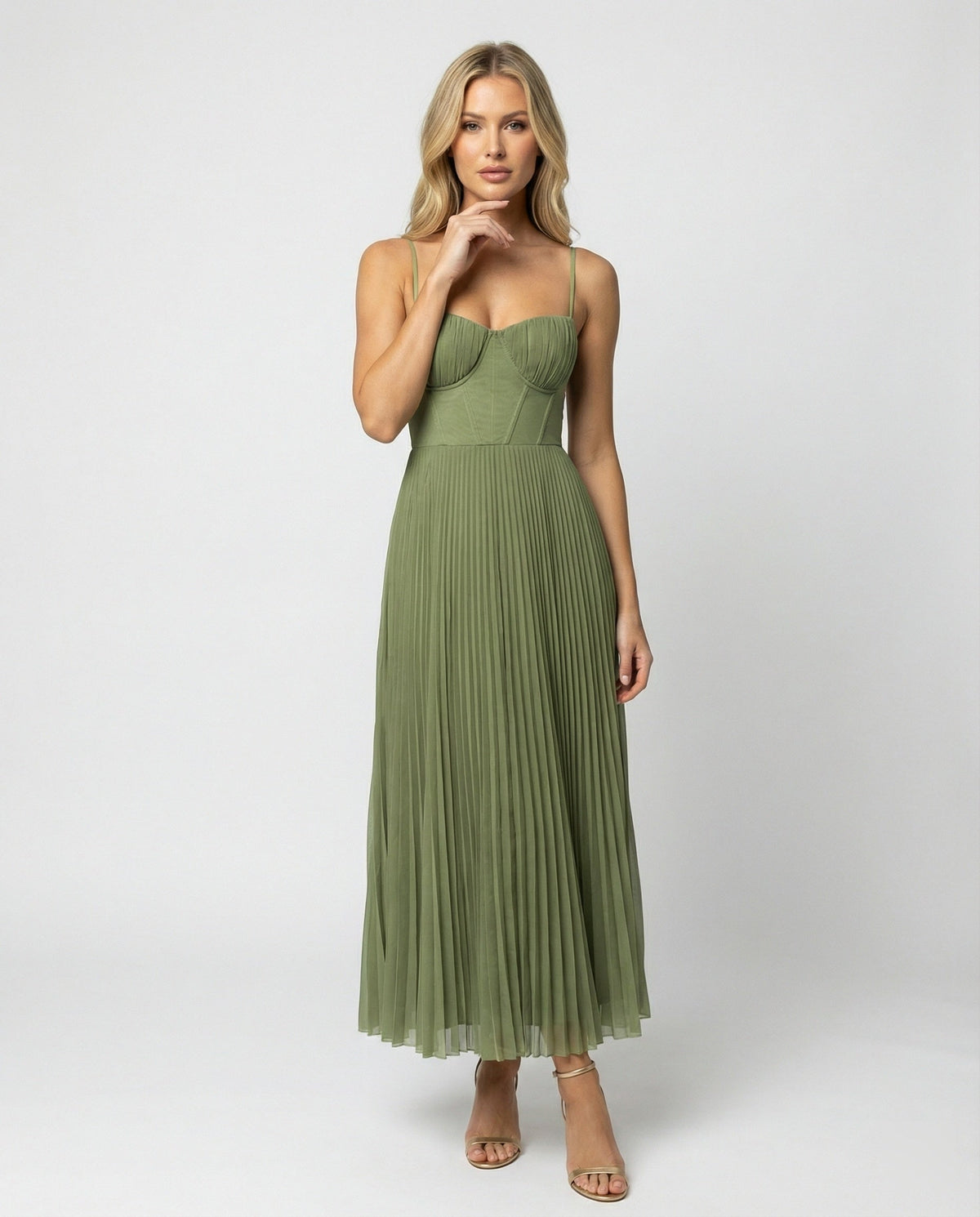Sleeveless Midi Dress with Pleated Tulle Bustier