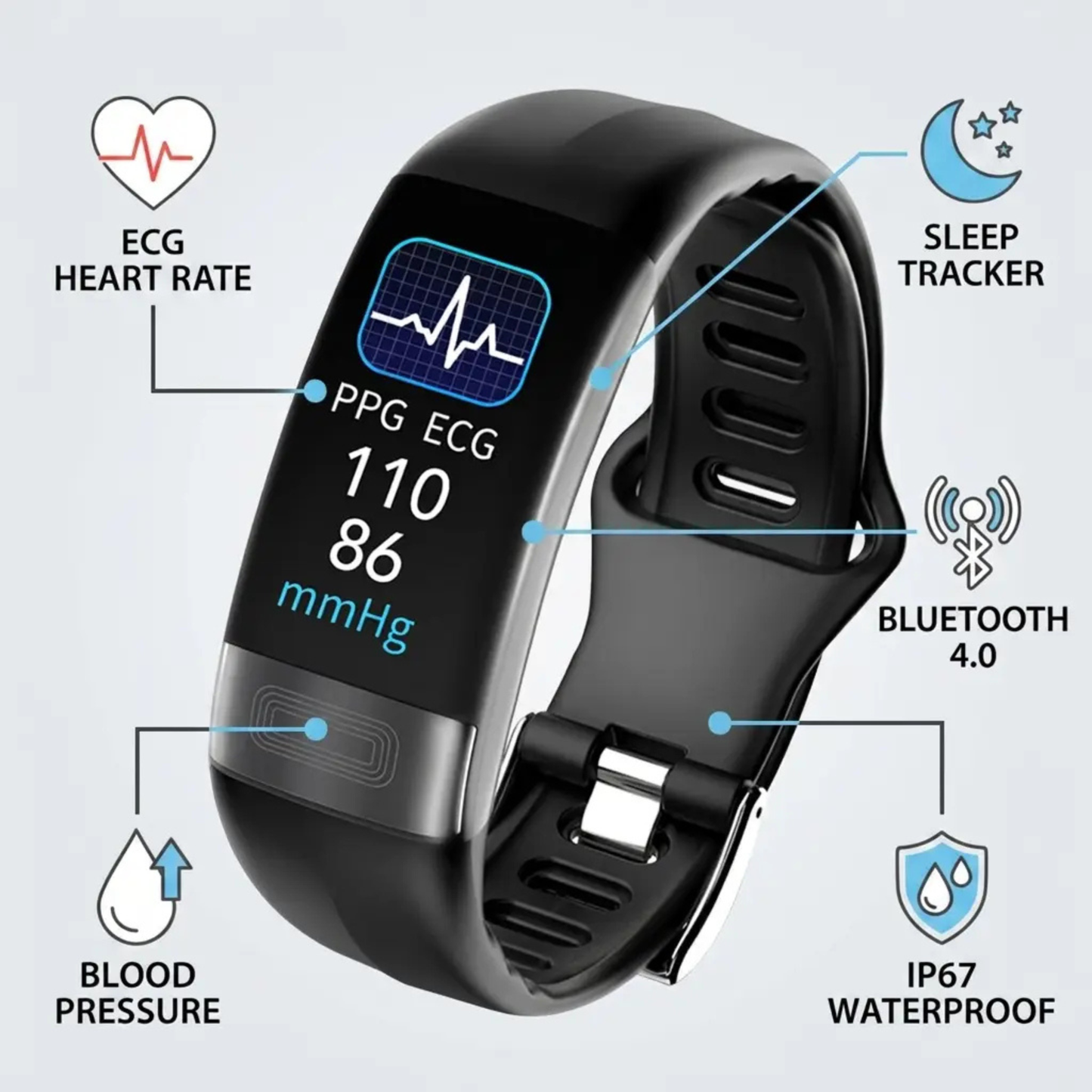 Smart Bracelet Blood Pressure Monitor with ECG, Heart Rate, Blood Oxygen & Sleep Tracker – FDA Approved