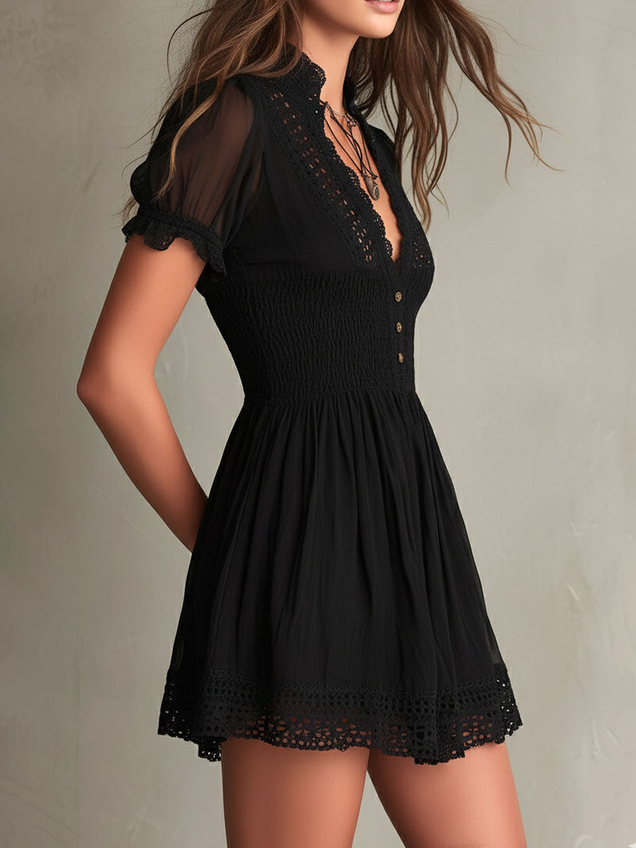 Smocked Lace-Trim Black Mini Dress
