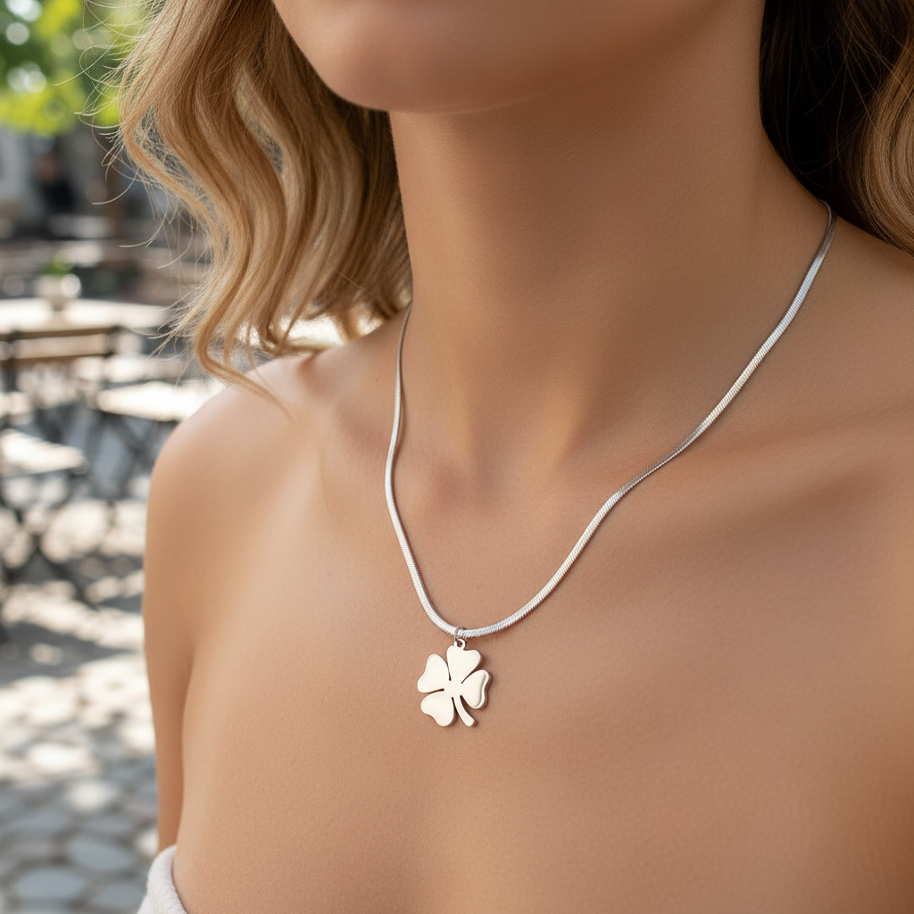 Snake Chain Necklace with Clover Charm