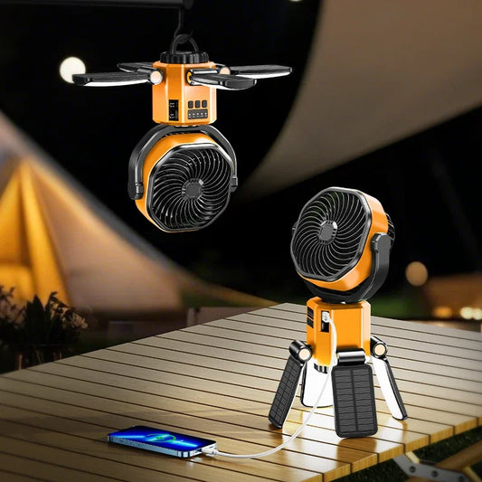 Solar Camping Fan with 6000 mAh Battery, LED Light and 4-Speed Settings