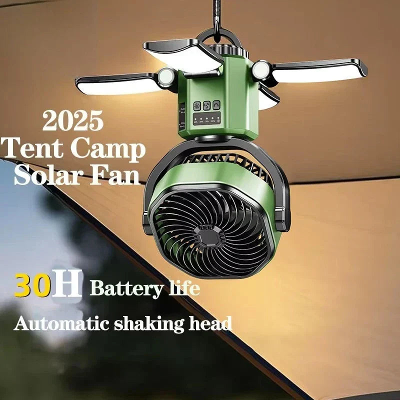 Solar Camping Fan with 6000 mAh Battery, LED Light and 4-Speed Settings