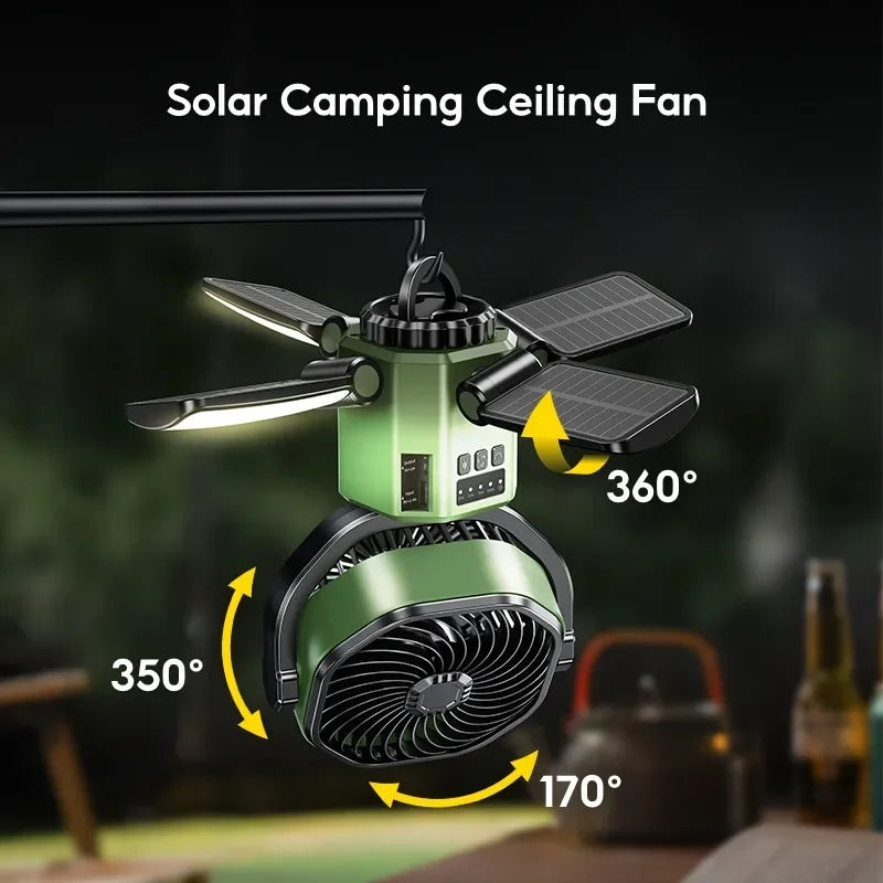 Solar Camping Fan with 6000 mAh Battery, LED Light and 4-Speed Settings