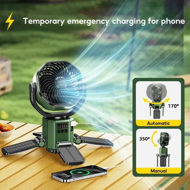 Solar Camping Fan with 6000 mAh Battery, LED Light and 4-Speed Settings