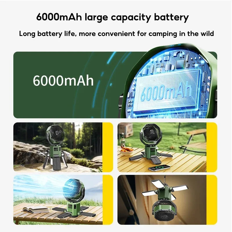 Solar Camping Fan with 6000 mAh Battery, LED Light and 4-Speed Settings