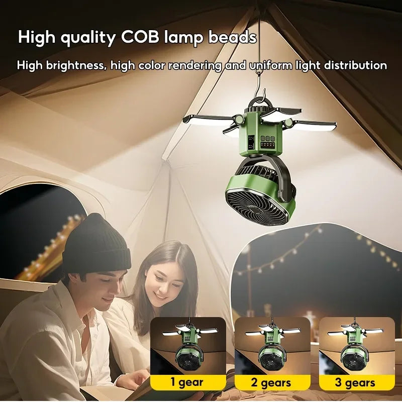 Solar Camping Fan with 6000 mAh Battery, LED Light and 4-Speed Settings