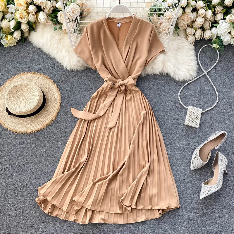 Solid Color High-Waisted Pleated Knee-Length V-Neck Dress