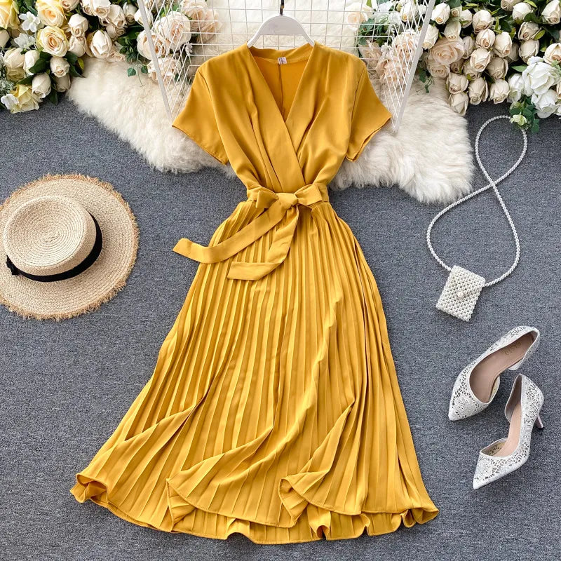 Solid Color High-Waisted Pleated Knee-Length V-Neck Dress