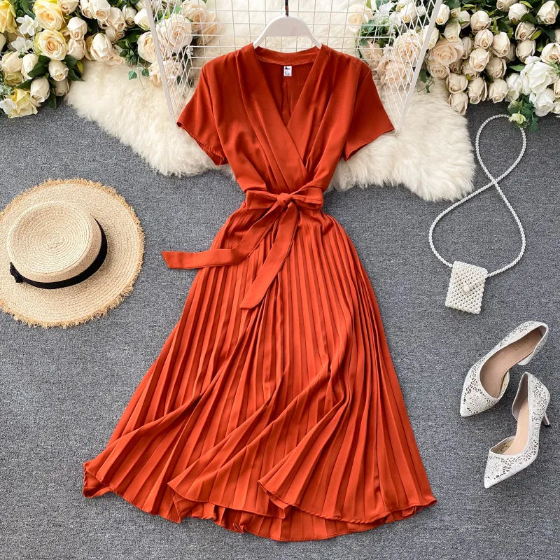 Solid Color High-Waisted Pleated Knee-Length V-Neck Dress