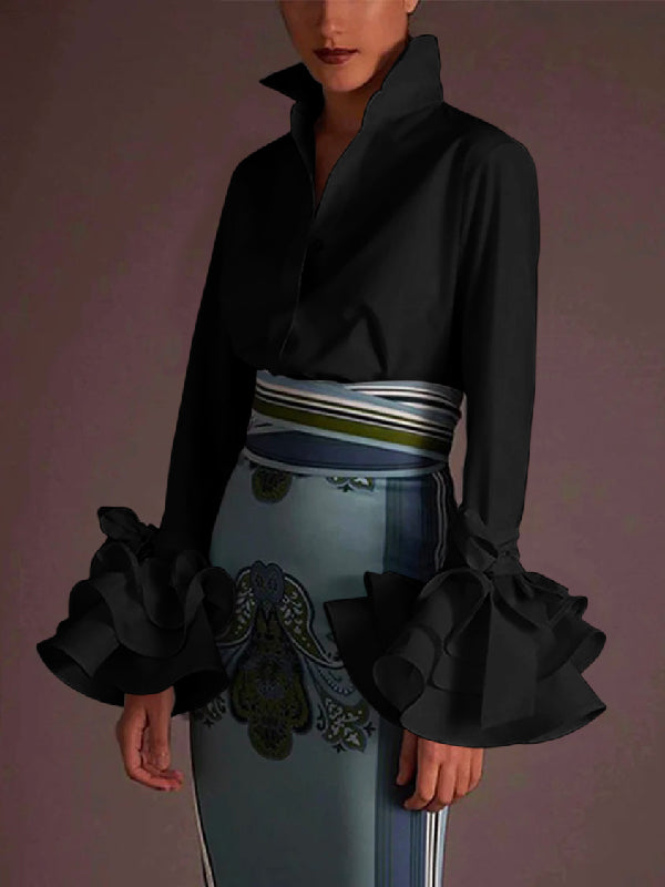 Solid Color Lapel Blouse with Bow-Embellished Flared Ruffle Sleeves