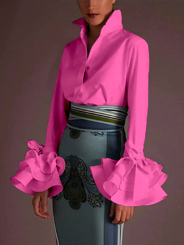 Solid Color Lapel Blouse with Bow-Embellished Flared Ruffle Sleeves