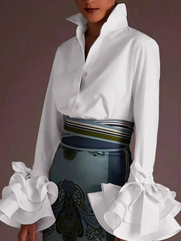 Solid Color Lapel Blouse with Bow-Embellished Flared Ruffle Sleeves