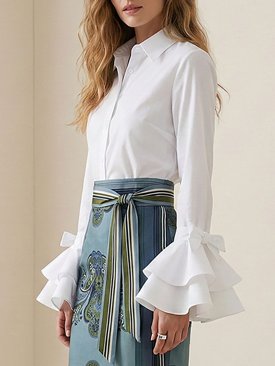 Solid Color Lapel Blouse with Bow-Embellished Flared Ruffle Sleeves