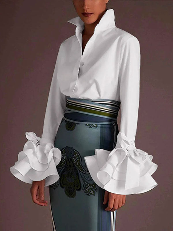 Solid Color Lapel Blouse with Bow-Embellished Flared Ruffle Sleeves