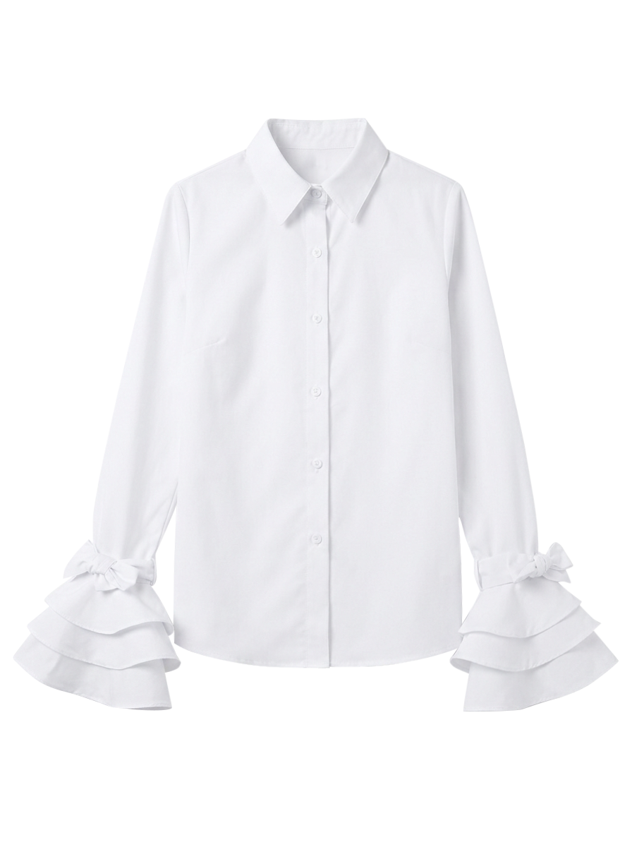 Solid Color Lapel Blouse with Bow-Embellished Flared Ruffle Sleeves