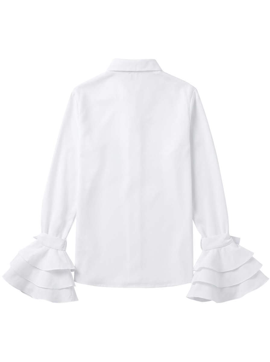 Solid Color Lapel Blouse with Bow-Embellished Flared Ruffle Sleeves