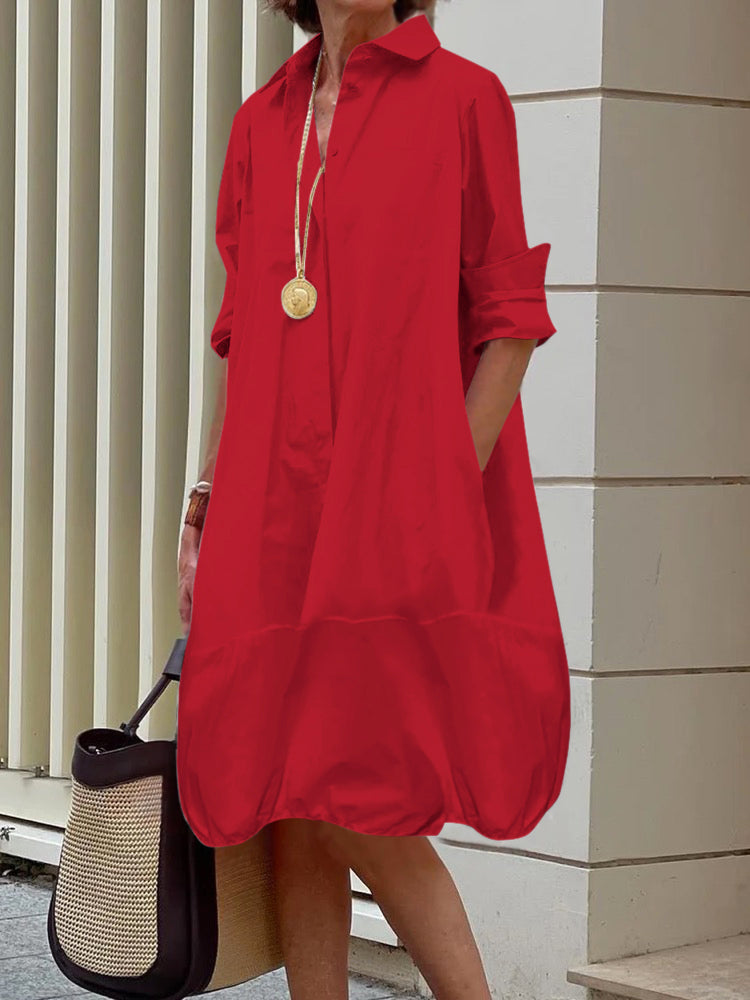 Solid Color Lapel Collar Long Sleeve Loose Midi Shirt Dress