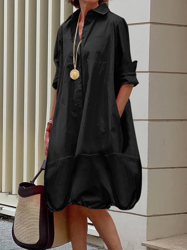 Solid Color Lapel Collar Long Sleeve Loose Midi Shirt Dress