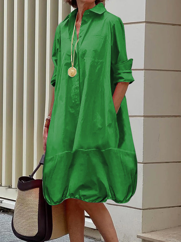 Solid Color Lapel Collar Long Sleeve Loose Midi Shirt Dress