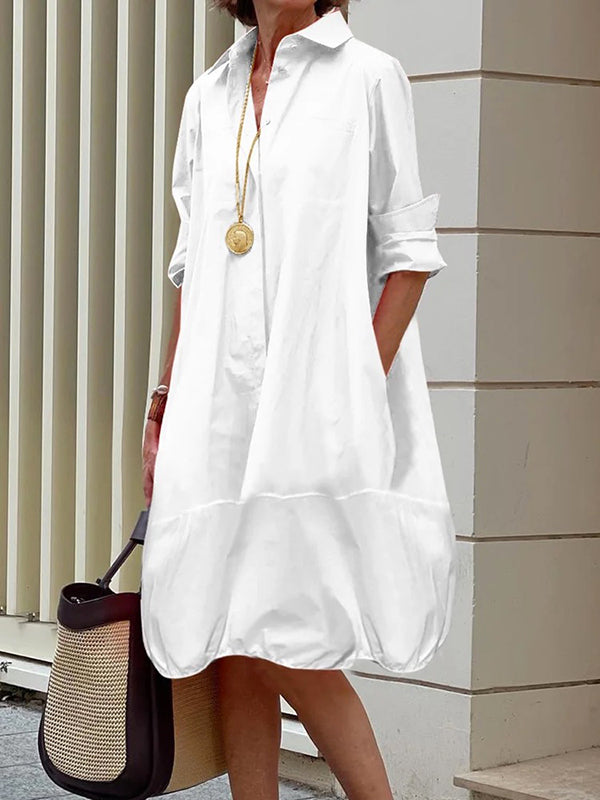 Solid Color Lapel Collar Long Sleeve Loose Midi Shirt Dress