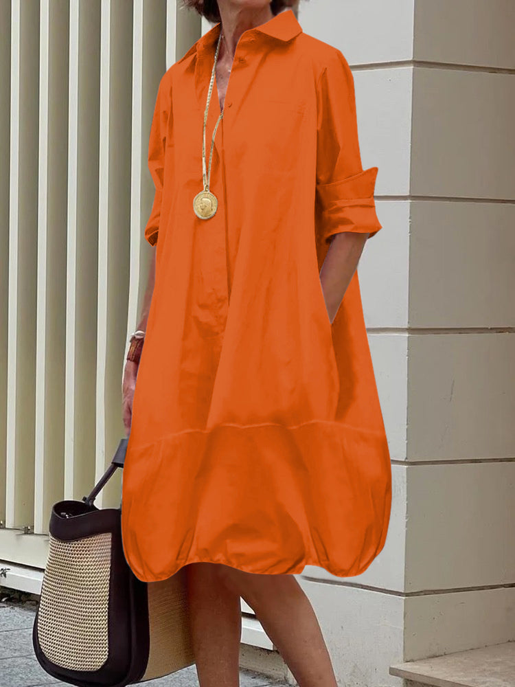 Solid Color Lapel Collar Long Sleeve Loose Midi Shirt Dress