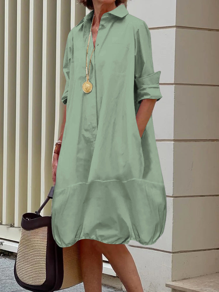 Solid Color Lapel Collar Long Sleeve Loose Midi Shirt Dress