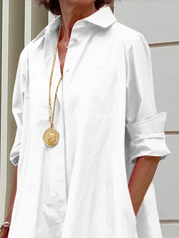 Solid Color Lapel Collar Long Sleeve Loose Midi Shirt Dress