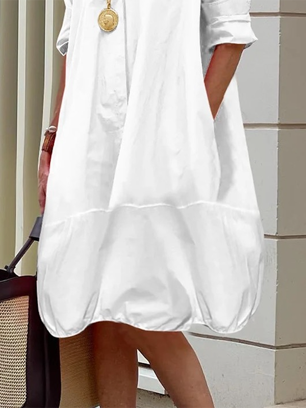 Solid Color Lapel Collar Long Sleeve Loose Midi Shirt Dress