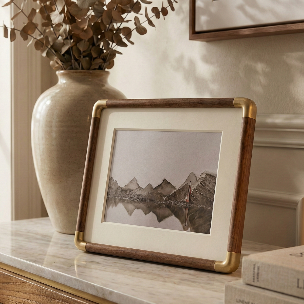 Solid Wood Photo Frame with Gold Corner Brackets and Mat
