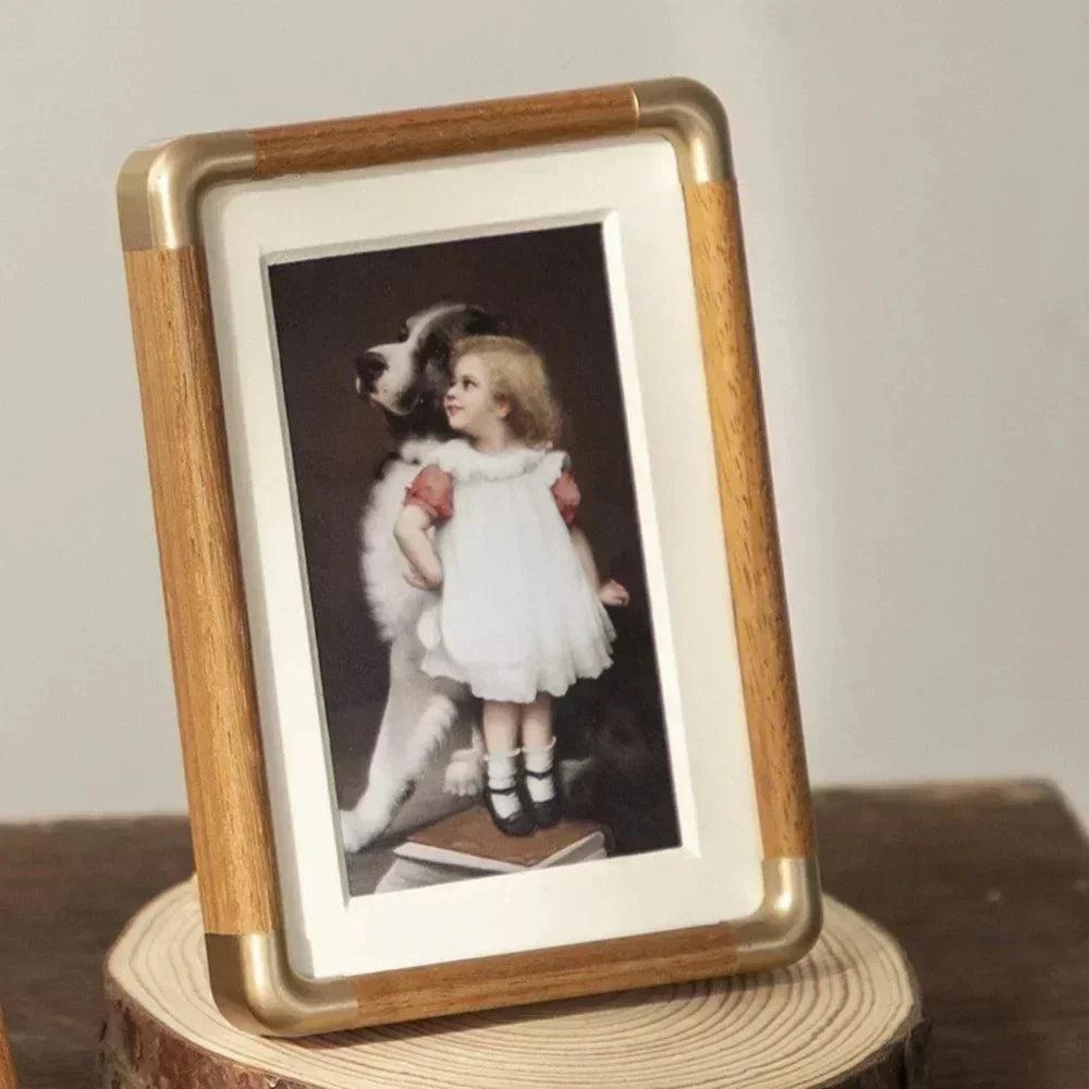 Solid Wood Photo Frame with Gold Corner Brackets and Mat