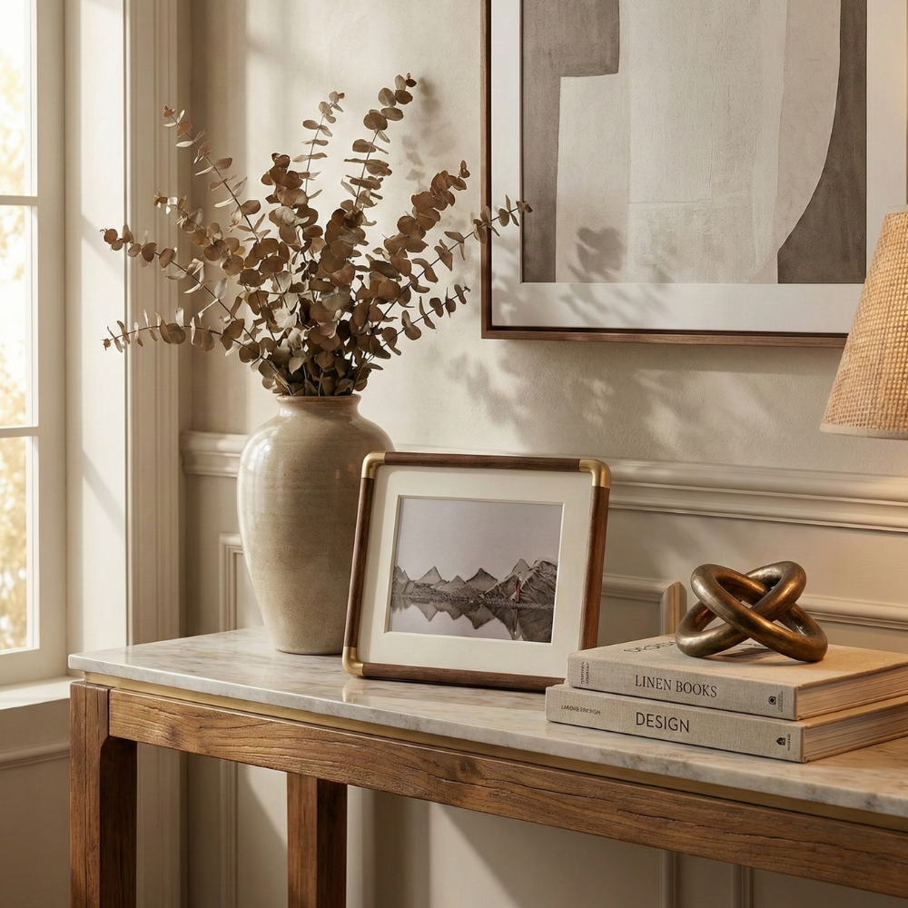 Solid Wood Photo Frame with Gold Corner Brackets and Mat