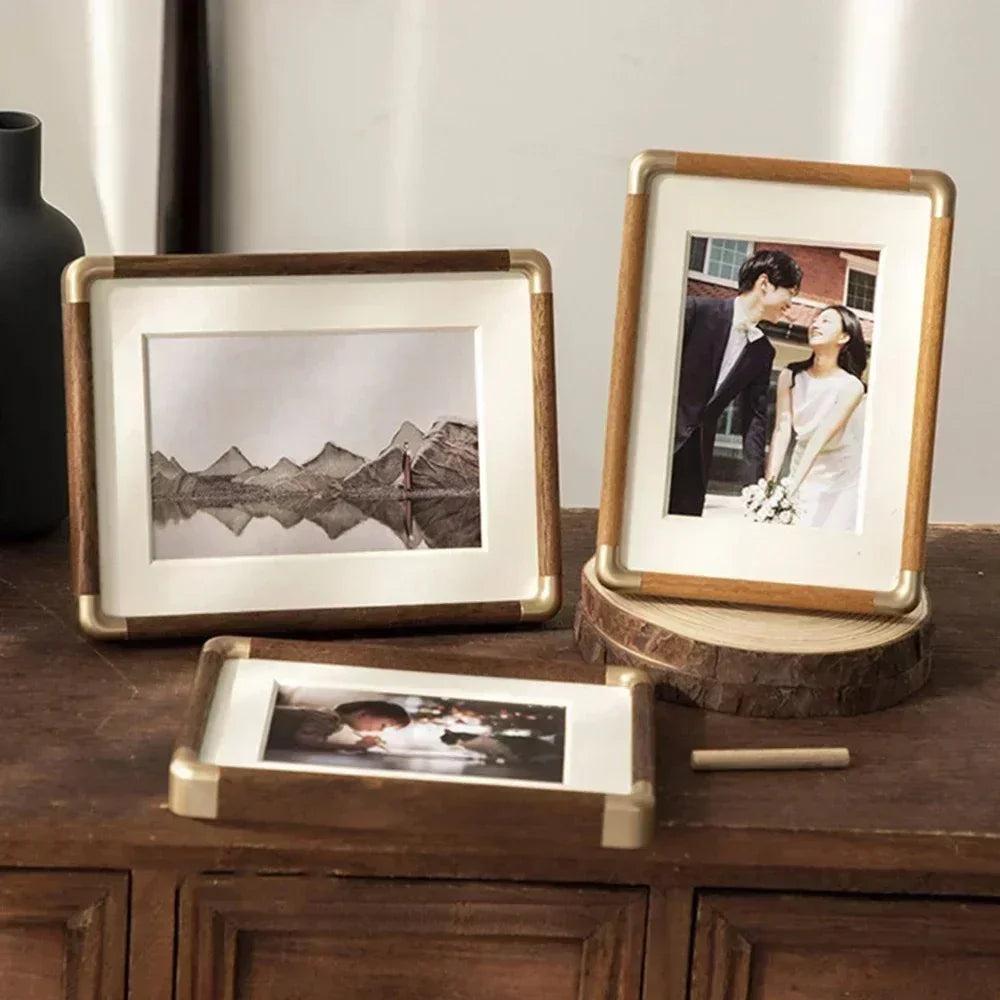 Solid Wood Photo Frame with Gold Corner Brackets and Mat