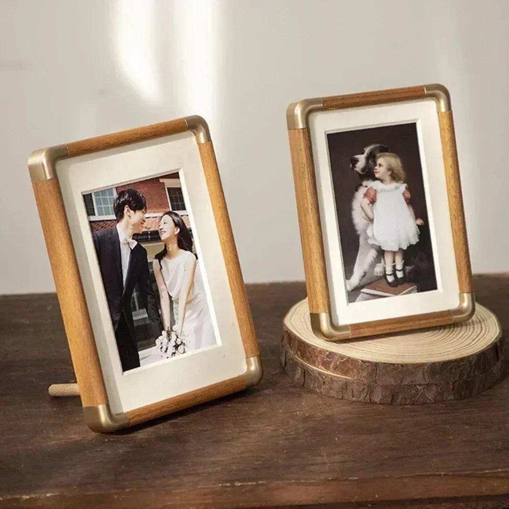 Solid Wood Photo Frame with Gold Corner Brackets and Mat