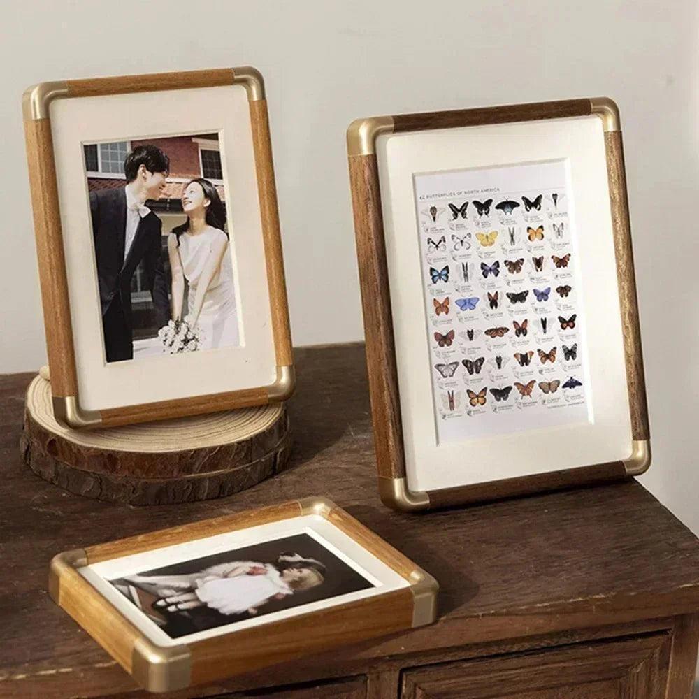 Solid Wood Photo Frame with Gold Corner Brackets and Mat