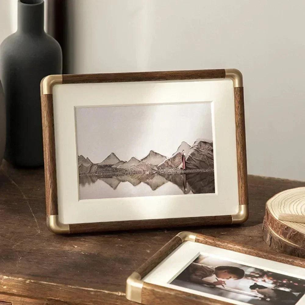 Solid Wood Photo Frame with Gold Corner Brackets and Mat