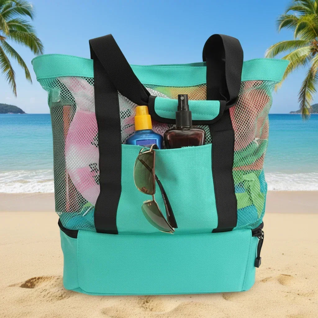 Spacious Waterproof Tote Bag with Stable Base and Open Mesh Design
