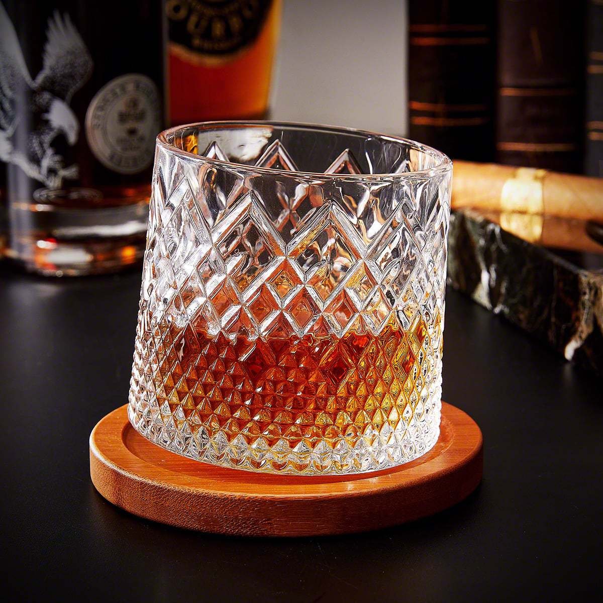 Spinning Diamond-Cut Whiskey Glass with Wooden Coaster