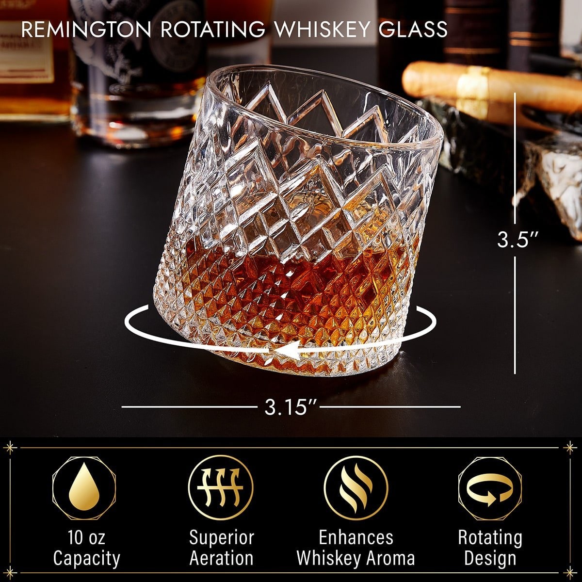 Spinning Diamond-Cut Whiskey Glass with Wooden Coaster