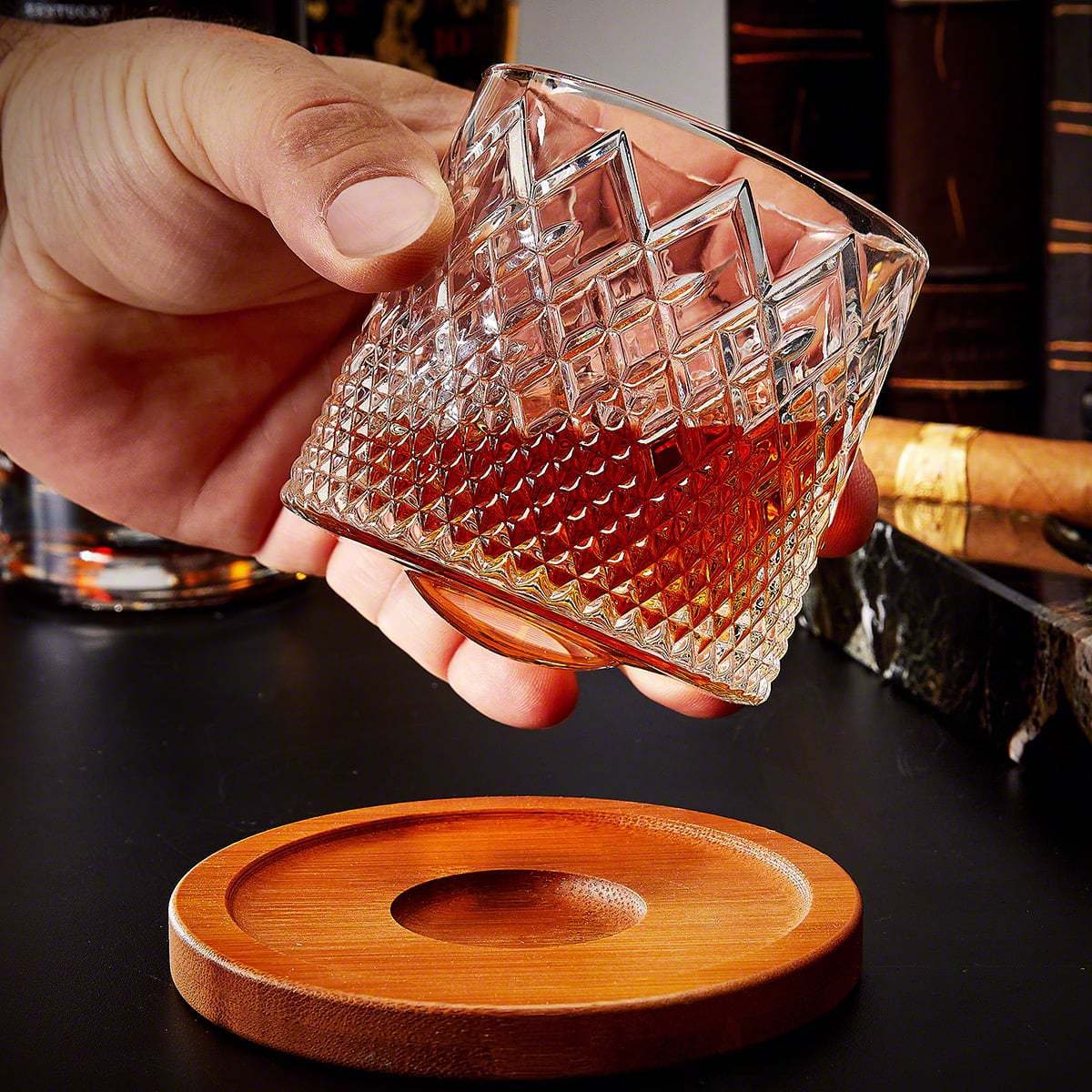 Spinning Diamond-Cut Whiskey Glass with Wooden Coaster