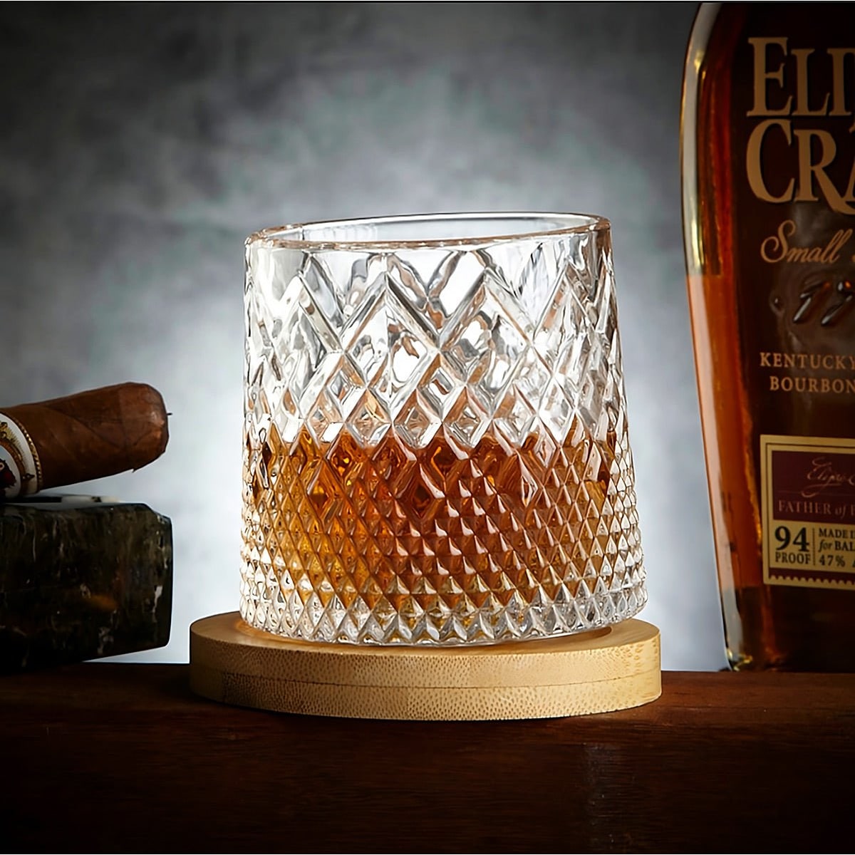 Spinning Diamond-Cut Whiskey Glass with Wooden Coaster