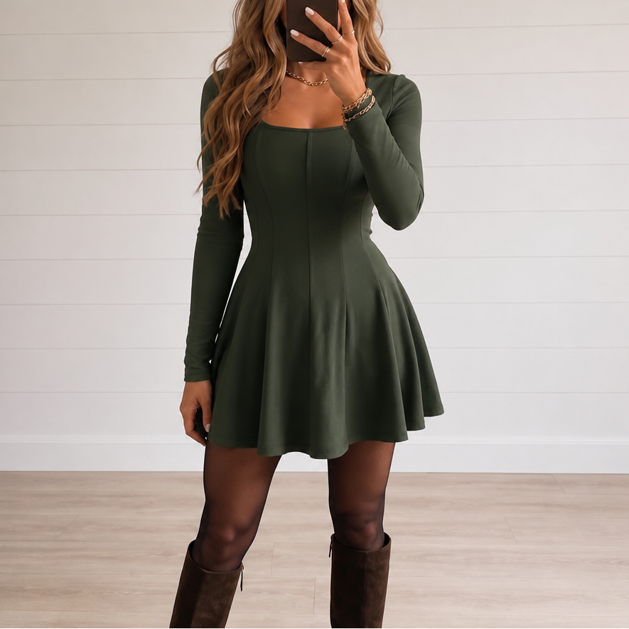 Square Neck Long Sleeve A-Line Mini Dress