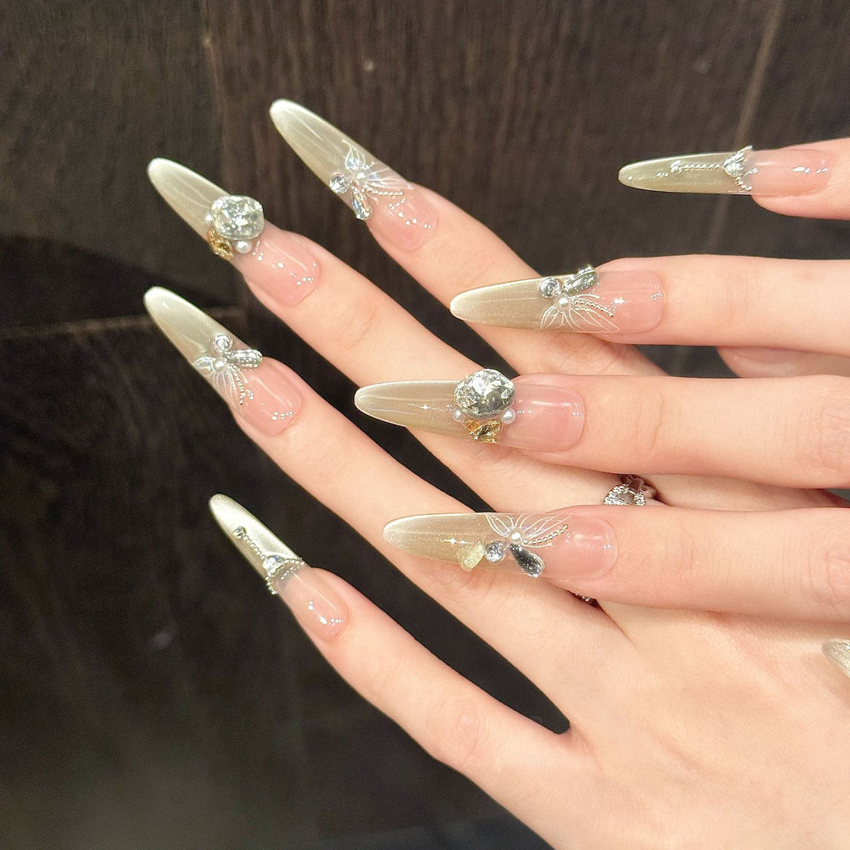 Stiletto Press-On Nails with Glittering Gem Accents