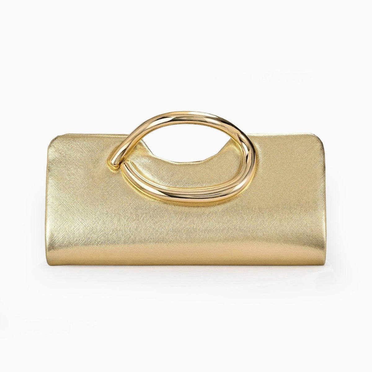 Structured Metallic Evening Clutch with Sculptural Polished Metal Handle